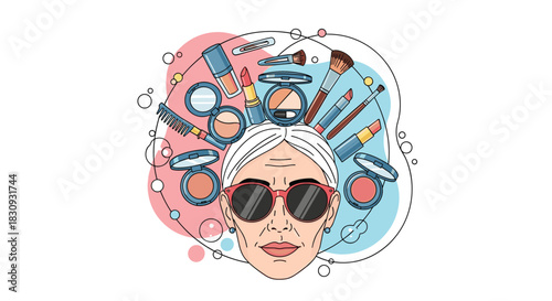 An older woman with white hair and red sunglasses is surrounded by an array of colorful makeup and beauty products, signifying self-care and ageless beauty.