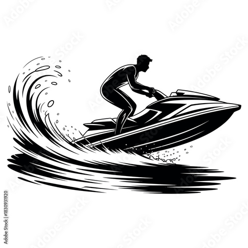 Dynamic silhouette of a person riding a jet ski through a large water wave