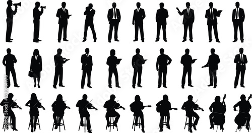 Business and music silhouettes, professionals in suits, musicians playing instruments, diverse human roles and activities, black illustration, flat vector