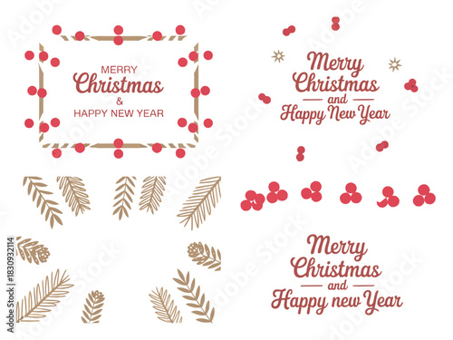 Festive holiday design elements with "Merry Christmas" greetings and decorative berries and pine branches