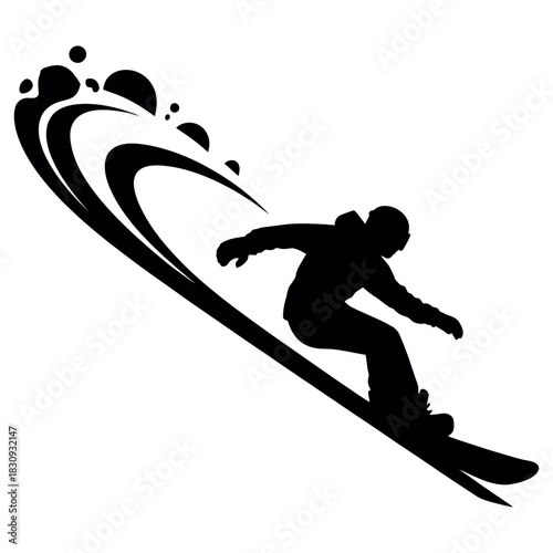 Dynamic silhouette of a snowboarder carving a turn with snow spray and motion lines