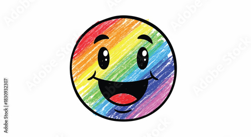 A cute, colorful hand-drawn abstract comic face expressing pure happiness and joy, rendered in a playful crayon style as a flat 2D vector illustration isolated on a clean white background.