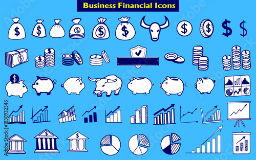 Hand drawn business and financial icon set, success, investment in blue color sketchy economy money business, graph, doodle icon pack.