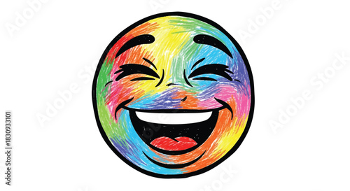 Vibrant round laughing comic face vector illustration, abstract character drawn with playful crayon strokes, isolated as a flat 2D graphic on a clean white background.