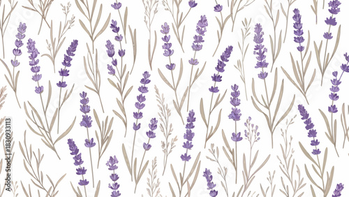 Delicate watercolor illustration of a lavender field in a repeating seamless pattern. Gentle floral background for aromatherapy and spa themes