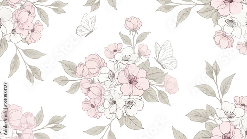 Elegant Floral Pattern with Butterflies and Soft Color Palette