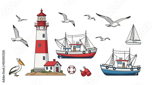 Nautical Elements Collection Featuring Lighthouse, Boats, and Seabirds