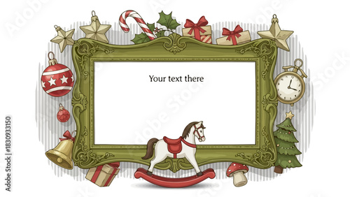 Christmas festive decorative frame with vintage toys and ornaments, perfect for holiday greetings and messages