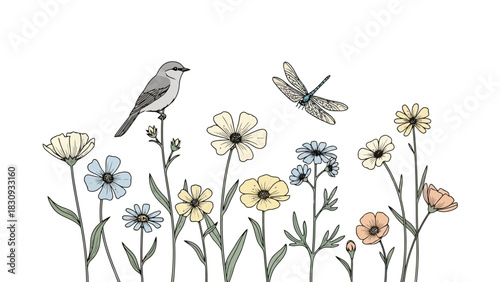 Delicate watercolor illustration of a serene meadow scene featuring a bird perched on a stem and a dragonfly hovering amongst wildflowers