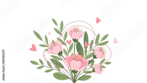 A charming hand-drawn illustration of a romantic bouquet with blooming pink flowers, delicate green leaves, and floating hearts