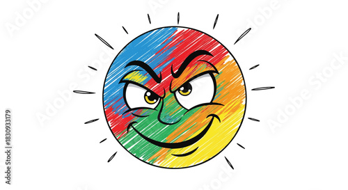 A bright abstract character featuring a round, mischievous comic face covered in colorful crayon scribbles is rendered as a 2D flat vector illustration on a clean white background.