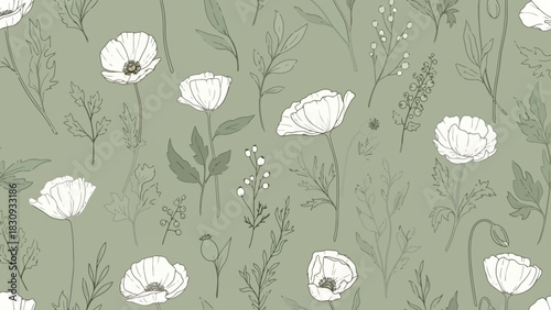 Delicate botanical illustration of poppies and leaves in soft green and white tones, creating a serene and naturalistic seamless pattern for design