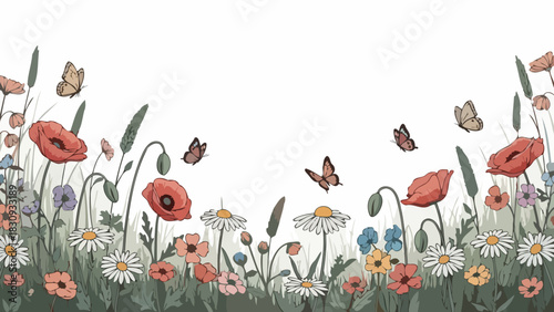 Whimsical Garden Meadow with Poppies, Daisies, and Butterflies in Bloom