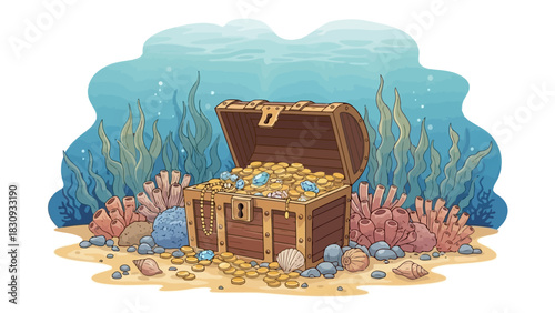 Illustration of an open treasure chest filled with gold coins and jewels, on the ocean floor amidst colorful coral and sea plants, depicting hidden riches