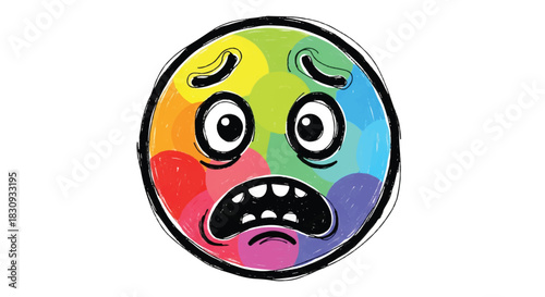 A nervous, round comic face featuring sketchy crayon texture and bright abstract shapes is rendered as a clean, flat 2D vector illustration isolated on a pure white background.