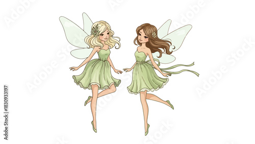 Two beautiful fairy friends with blonde and brown hair in green dresses flying together on a white background, a magical fantasy concept