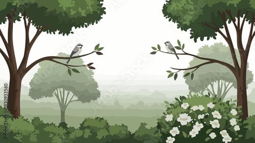 Tranquil forest illustration with two birds perched on branches. Lush green foliage and white flowers against a misty background; peaceful natural scene