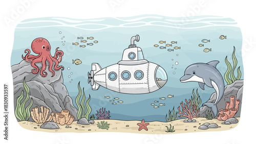 Underwater exploration with a submarine, dolphin, and octopus in a vibrant coral reef ecosystem