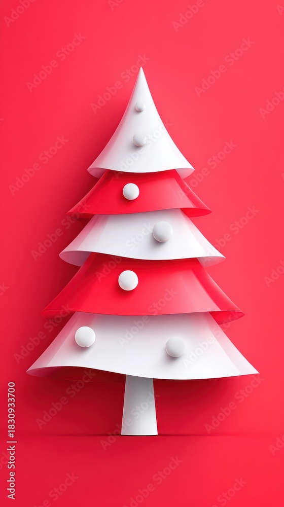 Fototapeta premium Minimal red and white Christmas tree with abstract layered design