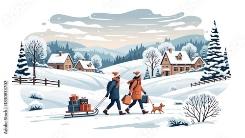 Cozy winter scene with people and dog walking through snow-covered village with gifts and luggage