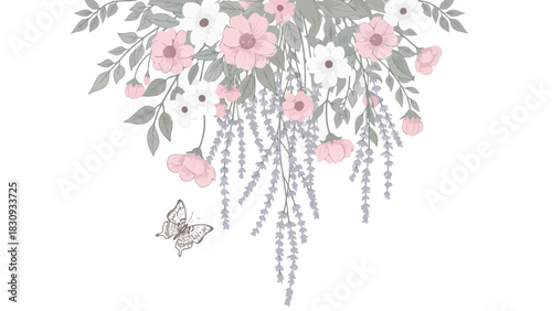 Elegant illustration of delicate pink and white flowers cascading with graceful lavender and a charming butterfly, creating a serene botanical motif perfect for natural design projects