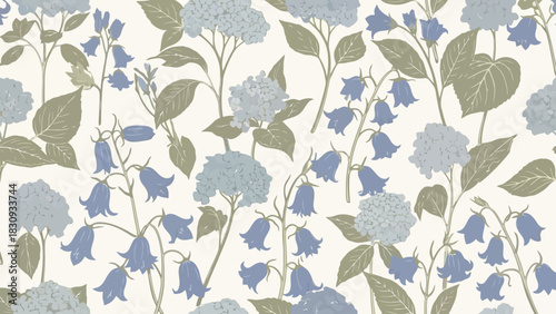 Delicate floral pattern of blue and white hydrangeas and bellflowers on a muted background, perfect for wallpaper or fabric design