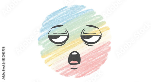 A whimsical, round sleepy comic face in a simple 2D flat design style, featuring soft crayon texture and abstract pastel colors isolated on a clean white background.