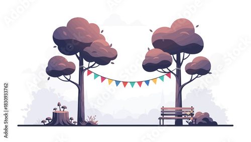 Peaceful outdoor park setting decorated with a festive garland of flags for a birthday celebration or holiday event