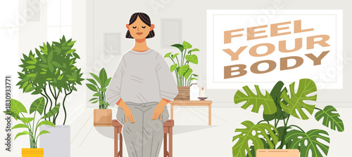 Young woman relaxing in cozy room with houseplants. Emotional balance concept illustration