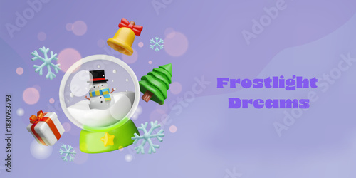 Christmas banner featuring a 3D snow globe with a cute snowman inside, surrounded by festive winter elements such as a golden bell, green Christmas tree, snowflakes, and a wrapped gift box.