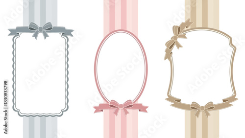 Exquisite vector illustration of three diverse ornamental frames, embellished with graceful bows and ribbons, set against soft pastel striped backdrops for a charming aesthetic