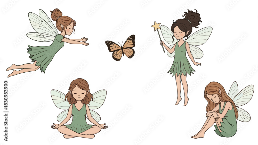 Obraz premium A charming collection of whimsical fairy illustrations in various poses, from flying to meditating, accompanied by a beautiful butterfly