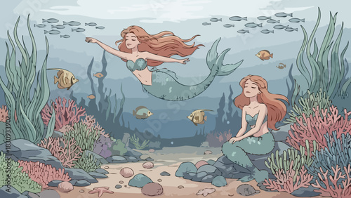 Two mermaids exploring the vibrant coral reef with tropical fish swimming by