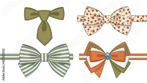 Collection of four decorative ribbon bows, suitable for gift wrapping or fashion accessories