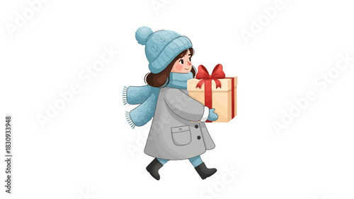 Festive Illustration A Child Carries a Wrapped Gift, Perfect for Holiday Designs