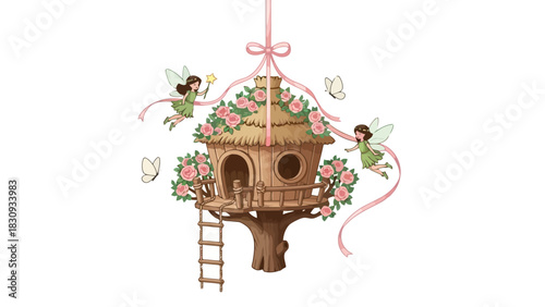 Whimsical Treehouse Illustration with Fairies and Floral Accents for Magical Designs