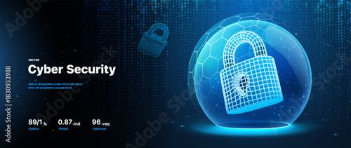 Cyber Security Protection With Digital Lock Inside Shield Bubble, Symbolizing Data Safety, Encryption, Firewall Defense, And Modern Network Protection Technology. Vector Illustration.