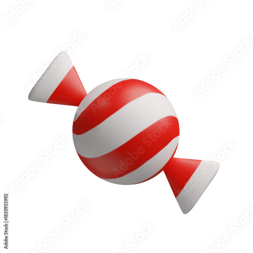 A 3D render of a red and white striped candy. Isolated sweet peppermint treat on a white background. Holiday confectionery icon.