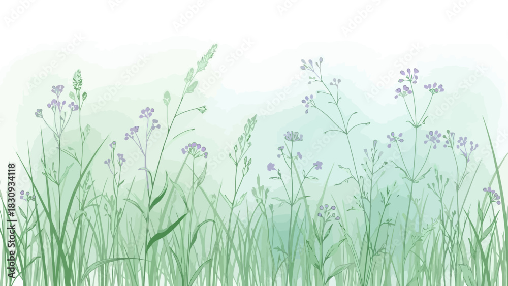 Obraz premium Watercolor Field Illustration A Delicate Dance of Grasses and Wildflowers