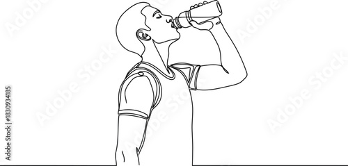 Continuous line drawing of athlete drinking water from a bottle graphic