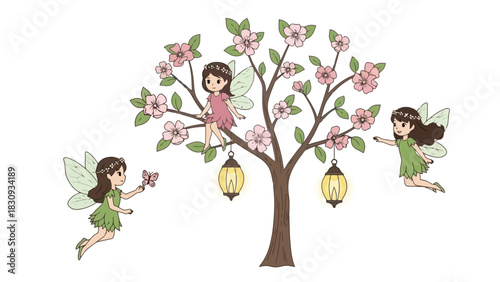 Charming illustration of playful forest fairies enjoying a mystical spring blossom tree adorned with glowing lanterns and a delicate butterfly, bringing whimsical fantasy to life