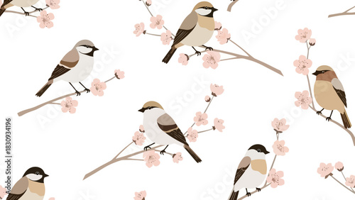 Charming seamless pattern featuring elegant small birds perched on delicate cherry blossom branches, a concept embodying the serene beauty and refreshing spirit of spring's gentle awakening