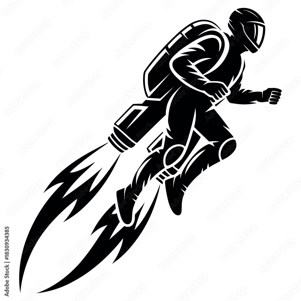 Fototapeta premium Silhouette of a person in a racing suit with a jetpack propelling them forward with flames