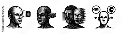 Face recognition and identity vintage engraving icons set, human head profiles