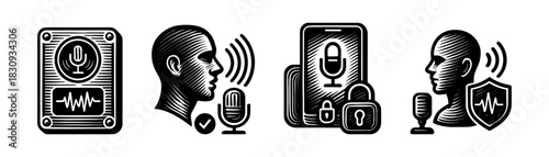 Voice authentication vintage engraving icons set, secure microphone access control