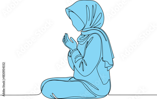 Continuous Line Drawing of Muslim Woman Praying with Headscarf Minimalist Style