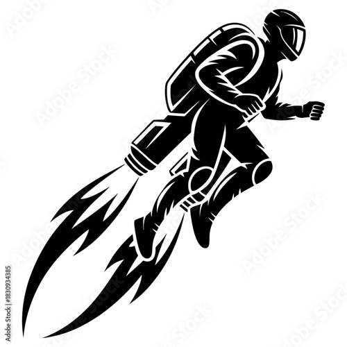 Silhouette of a person in a racing suit with a jetpack propelling them forward with flames
