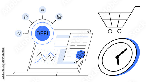 Decentralized finance ecosystem with laptop data charts, certification badge, shopping cart, and clock. Ideal for finance, blockchain, e-commerce, time, innovation technology simplicity themes