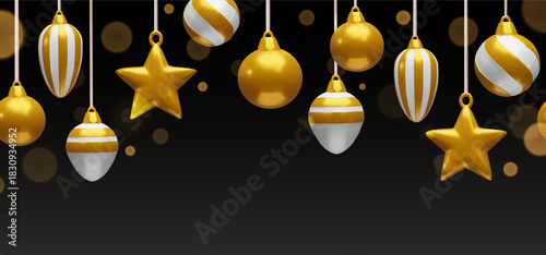 Hanging gold and white Christmas ornaments on a festive holiday banner. Realistic 3D decorations on a black background with bokeh lights. Merry Christmas and Happy New Year greeting card design