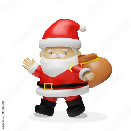 A cheerful 3D Santa Claus carrying a large gift sack over his shoulder. The bright red suit, white beard, black boots, holiday. Seasonal banners, greeting cards, posters, and holiday-themed designs.